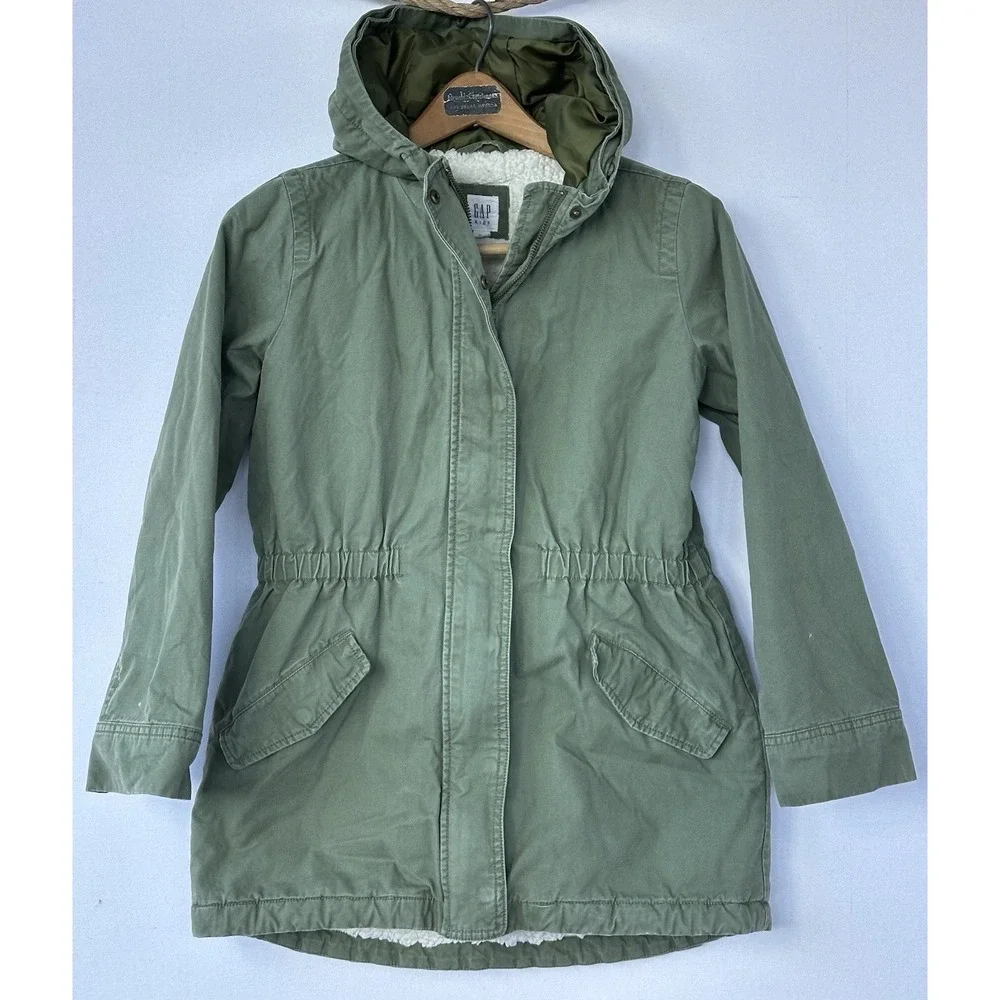 GAP Utility Army Jacket Hooded Fleece Lined Green Kid's Sz XL